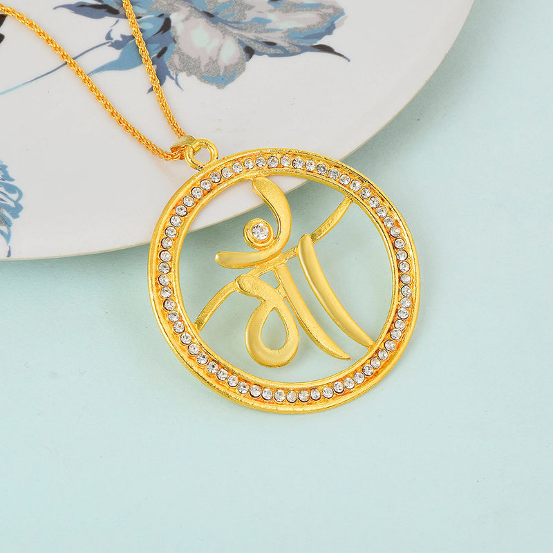 Missmister Brass Gold Plated Imitation Diamond Big And Bold Maa Word Spiritual Chain Pendant Hindu Temple Jewellery (Pckl0503)