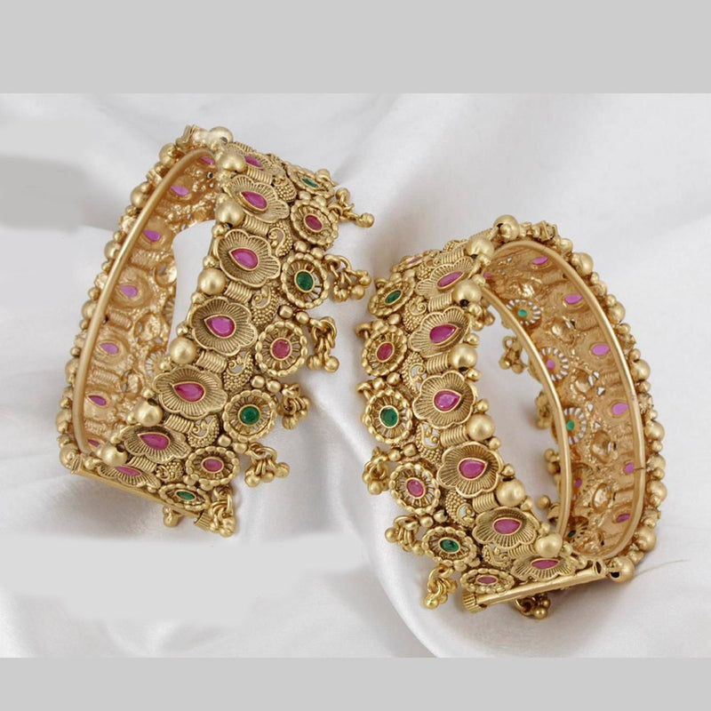 Pooja Bangles Gold Plated Pink & Green Pota Stone Bangles Set