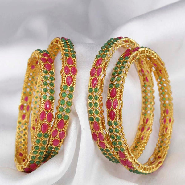 Pooja Bangles Gold Plated Pink & Green Kundan Stone Bangles Set