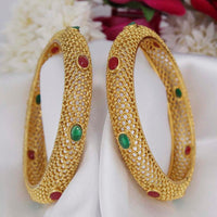 Pooja Bangles Gold Plated Pink & Green Kundan Stone Bangles Set