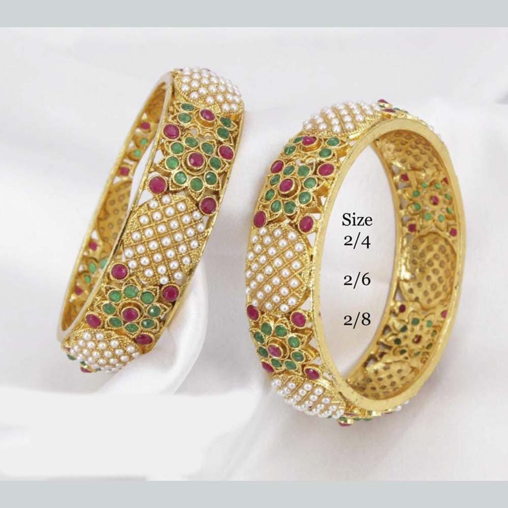 Pooja Bangles Gold Plated Pink & Green Kundan Stone Bangles Set