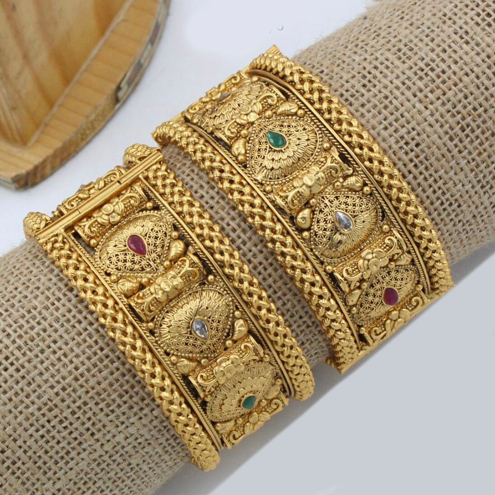 Pooja Bangles Gold Plated Pink & Green Pota Stone Bangles Set