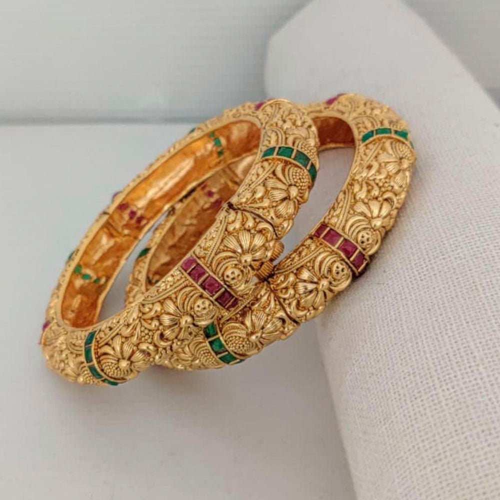 Pooja Bangles Gold Plated Pink & Green Pota Stone Bangles Set