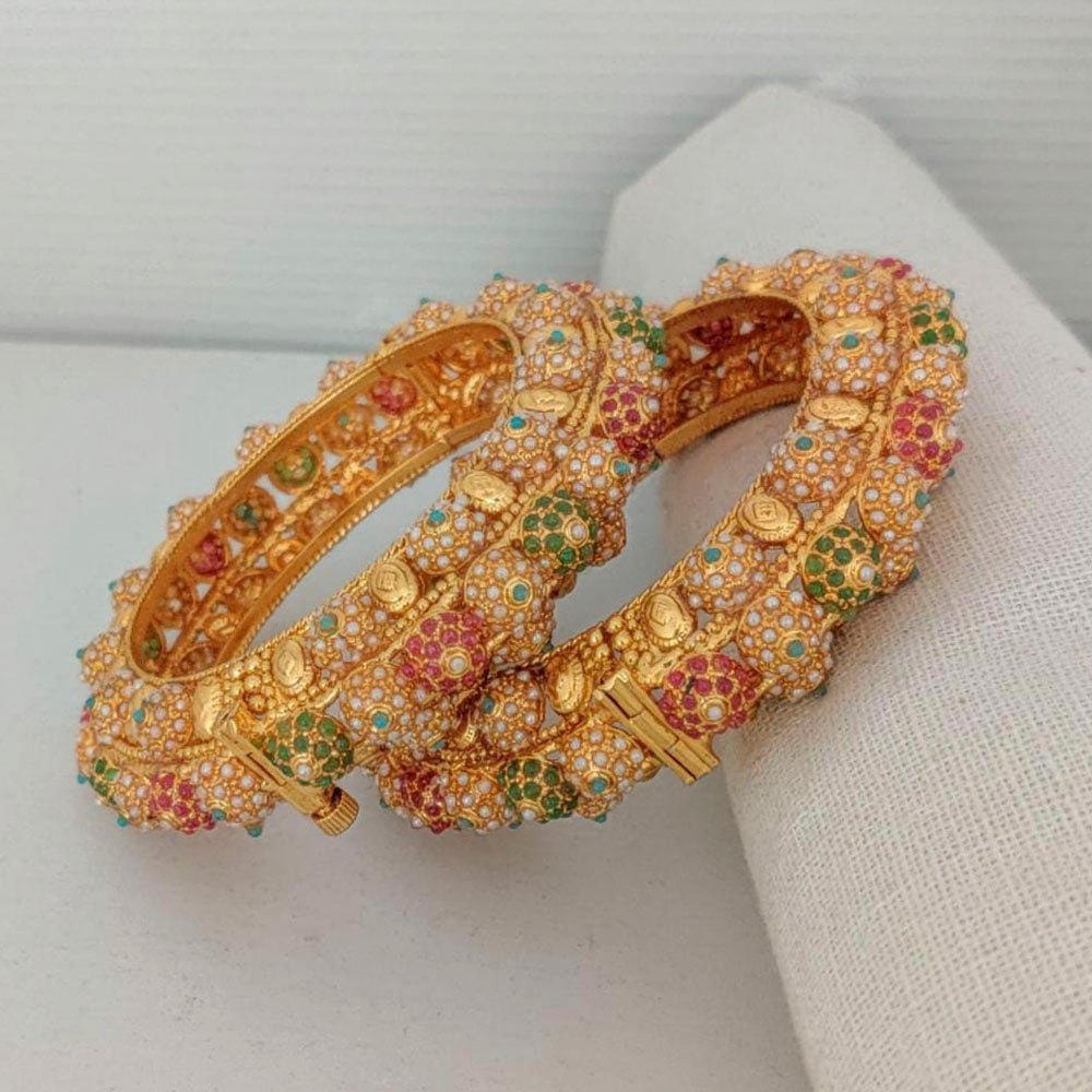 Pooja Bangles Gold Plated Pink & Green Austrian Stone Bangles Set
