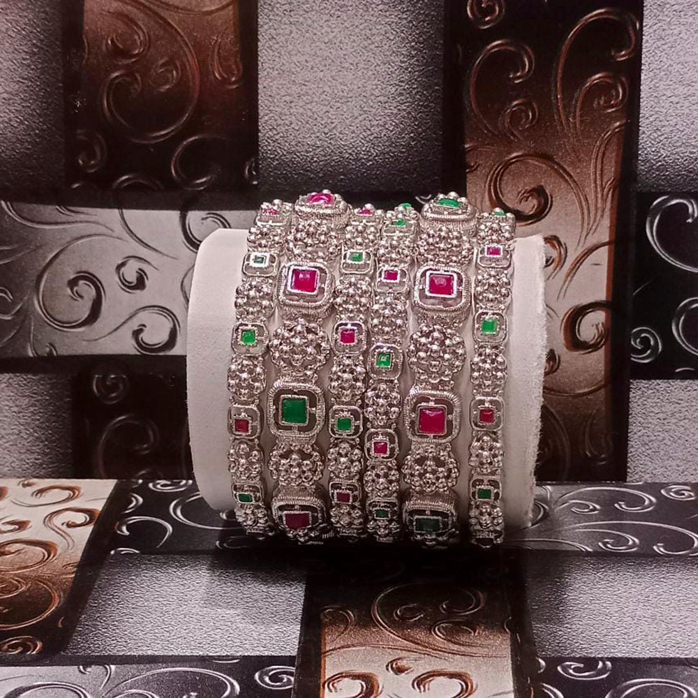 Pooja Bangles Silver Plated Pink & Green Stone Bangles Set