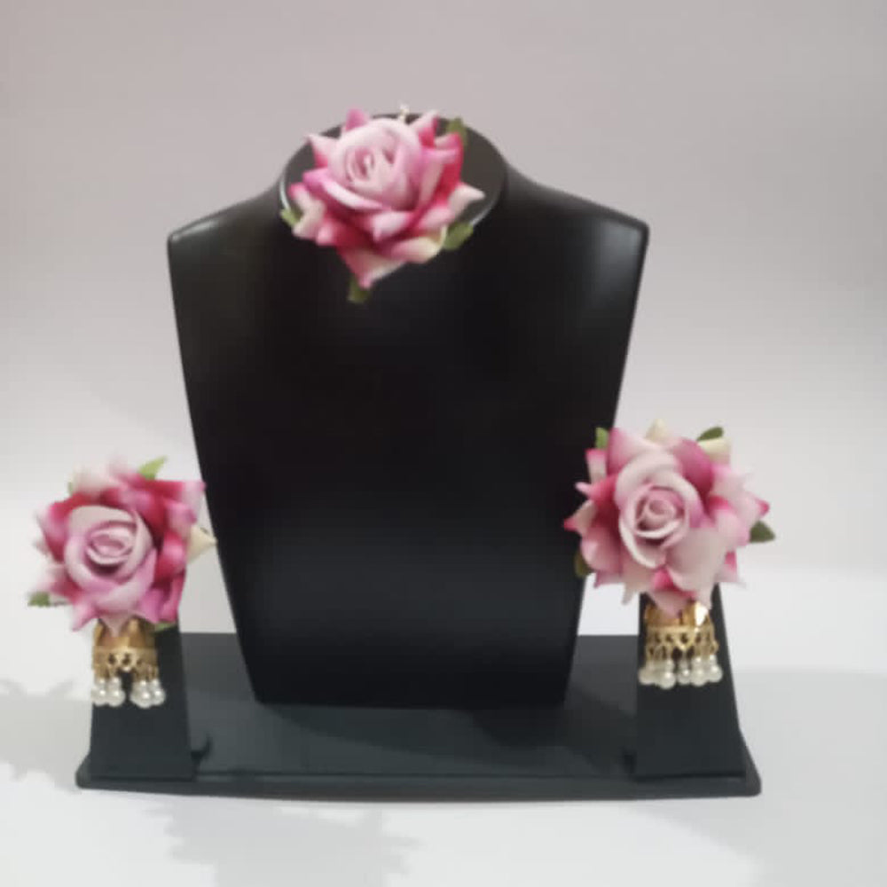Pooja Bangles Light Pink Floral Design Earrings With Maang tikka