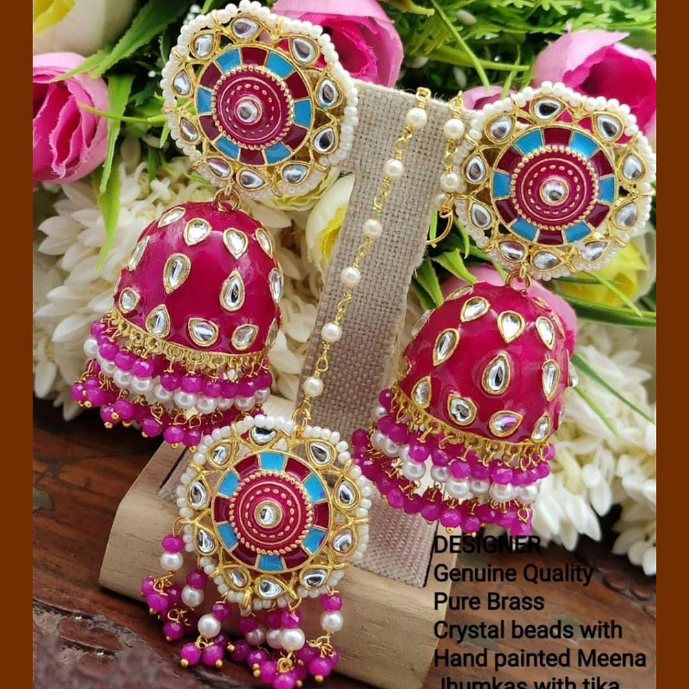 Pooja Bangles Kundan Stone & Meenakari Dangler Earrings With Maang Tikka