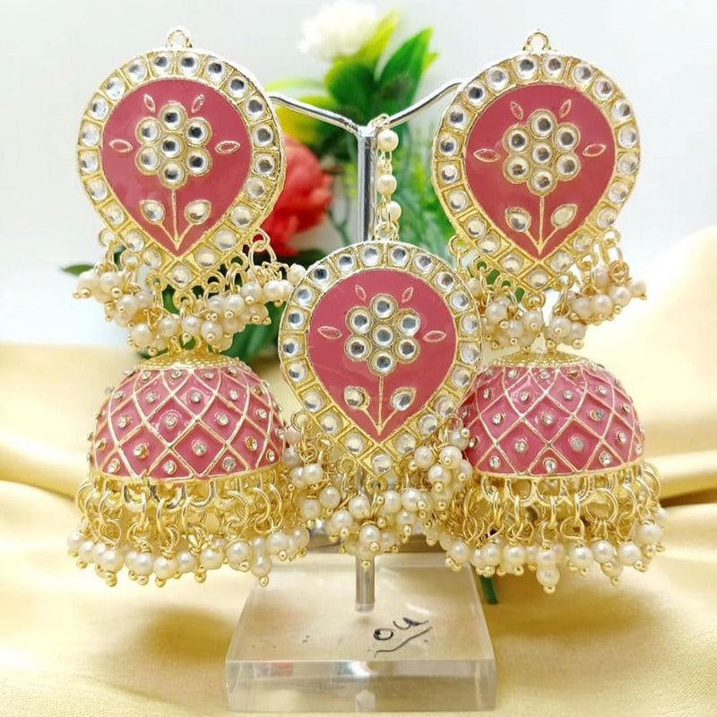 Pooja Bangles Kundan Stone & Meenakari Jhumki Earrings With Maang Tikka