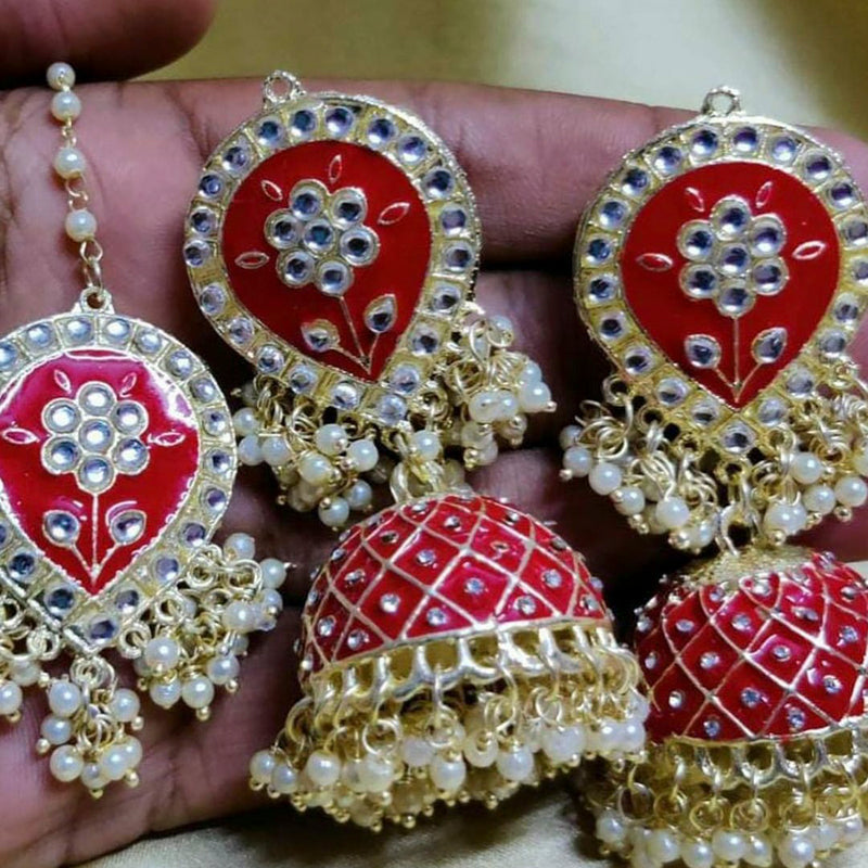 Pooja Bangles Kundan Stone & Meenakari Jhumki Earrings With Maang Tikka