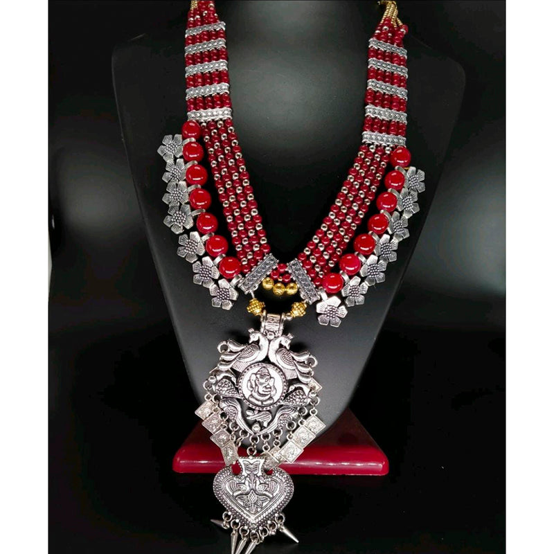 Pooja Bangles Oxidized Plated Red Beads Necklace Set