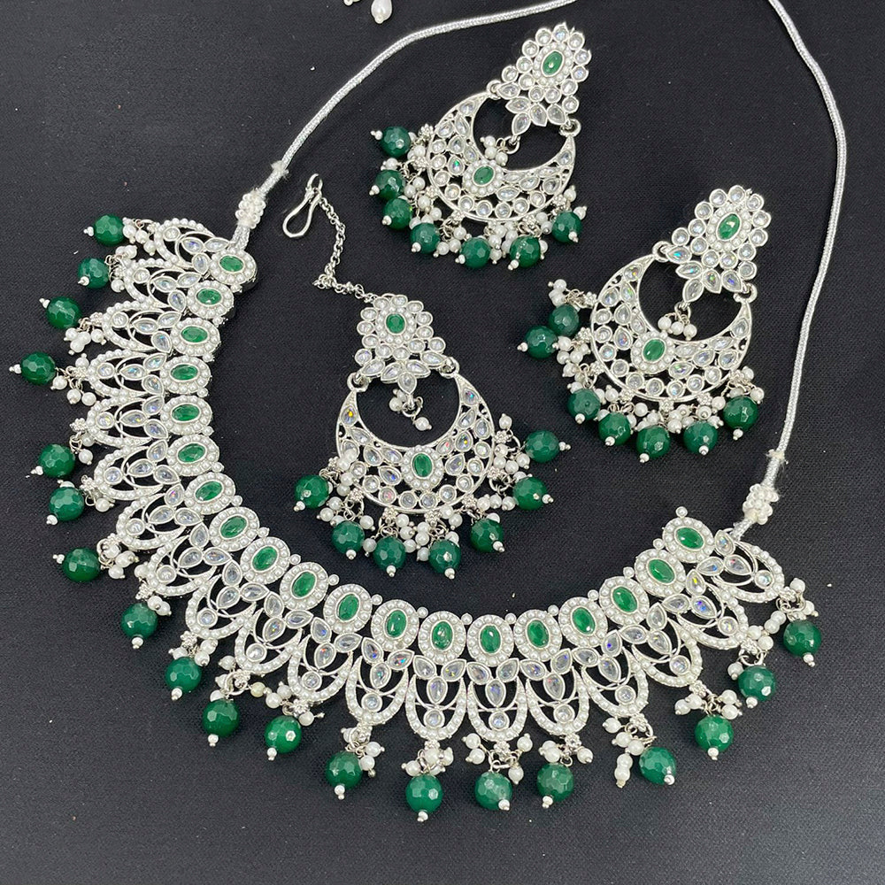 Pooja Bangles Silver Plated Kundan Stone & Beads Choker Necklace Set