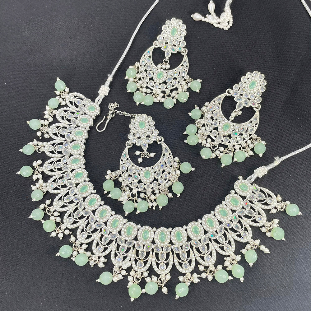 Pooja Bangles Silver Plated Kundan Stone & Beads Choker Necklace Set