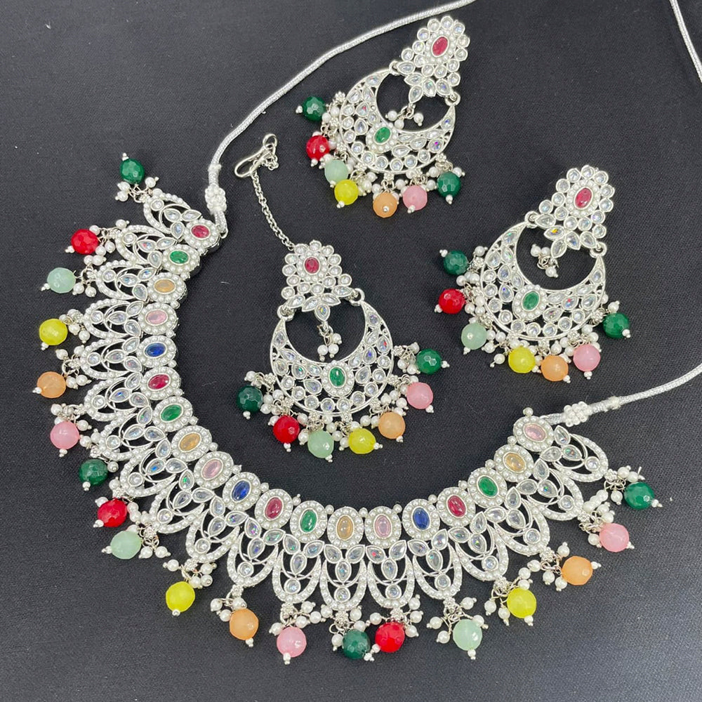 Pooja Bangles Silver Plated Kundan Stone & Beads Choker Necklace Set