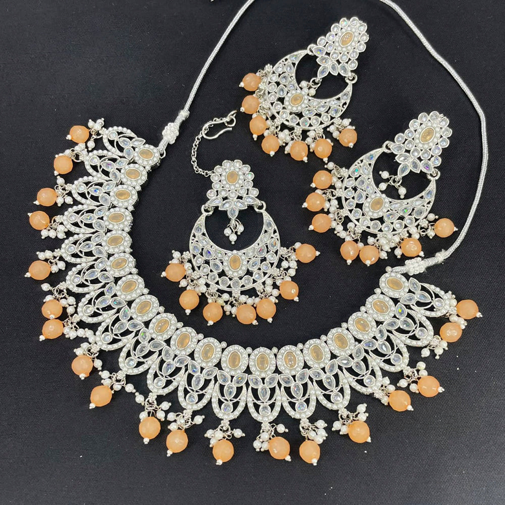 Pooja Bangles Silver Plated Kundan Stone & Beads Choker Necklace Set