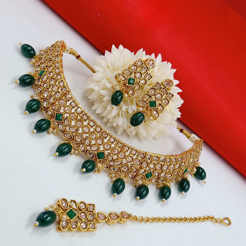 Pooja Bangles Gold Plated Kundan Stone & Beads Choker Necklace Set