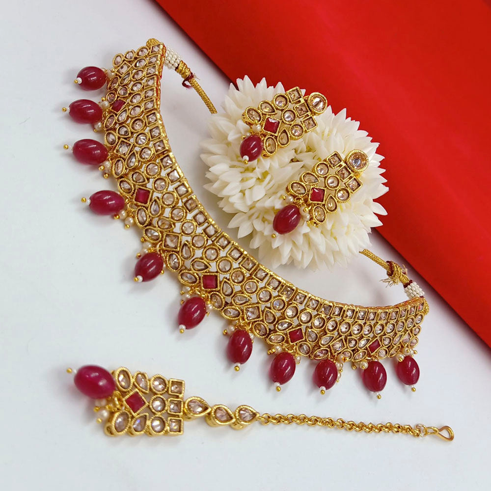 Pooja Bangles Gold Plated Kundan Stone & Beads Choker Necklace Set