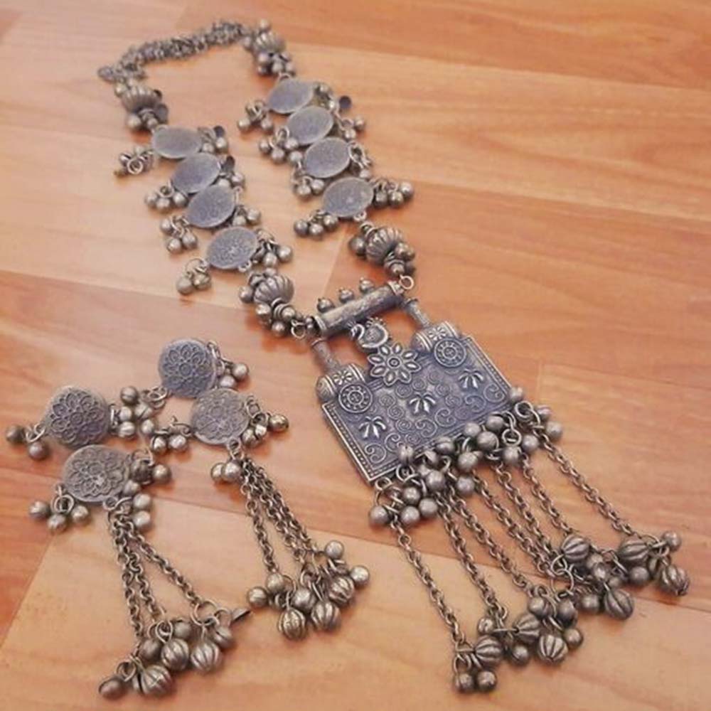 Pooja Bangles Oxidised Plated Long Haram Necklace Set