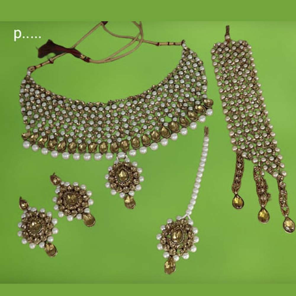 Pooja Bangles Gold Plated Crystal Stone & Pearl Choker Necklace Set