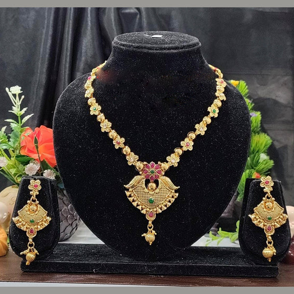 Pooja Bangles Gold Plated Pink & Green Pota Stone Necklace Set