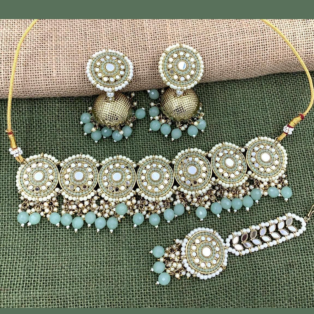 Pooja Bangles Gold Plated Pearl & Beads & Mirror Choker Necklace Set