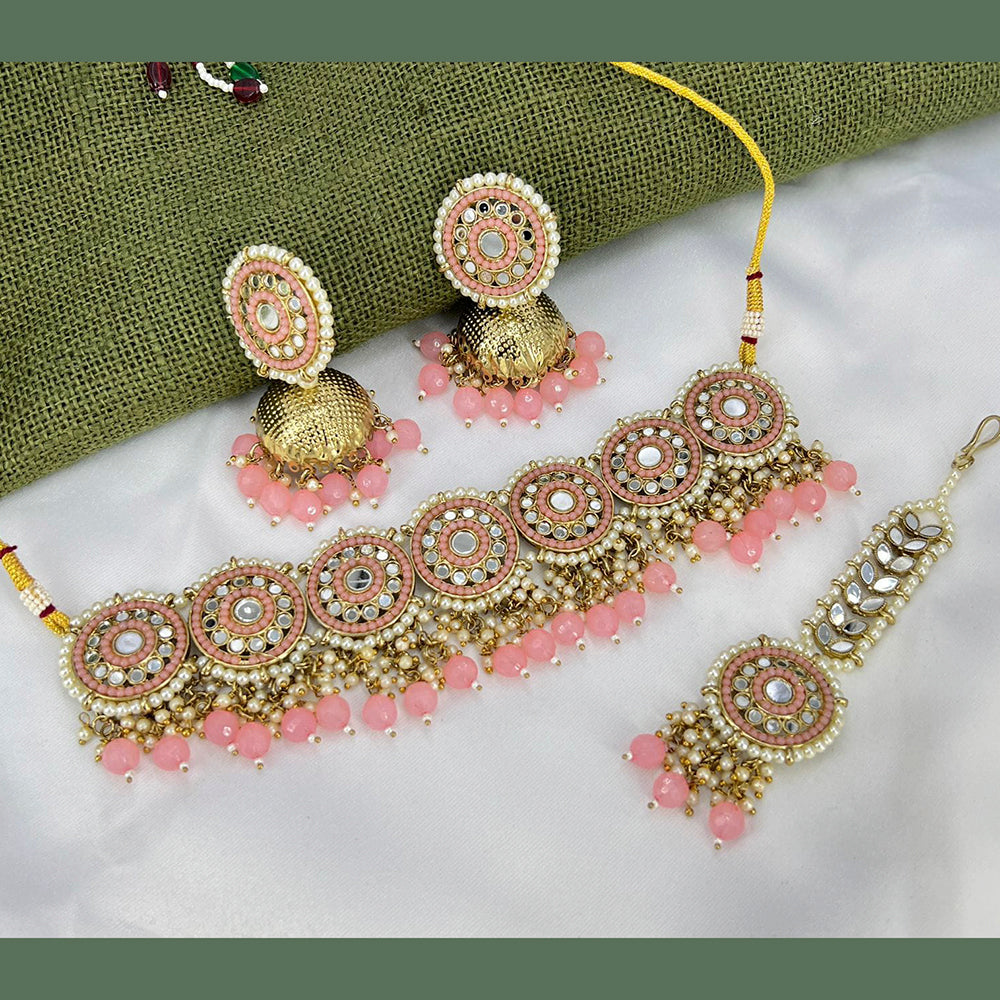 Pooja Bangles Gold Plated Pearl & Beads & Mirror Choker Necklace Set