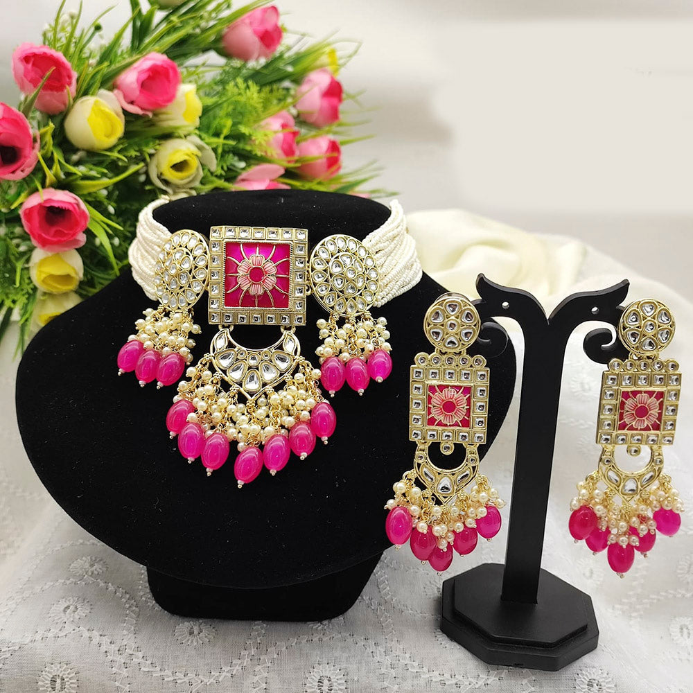 Pooja Bangles Gold Plated Kundan Stone & Beads Meenakari Choker Necklace Set