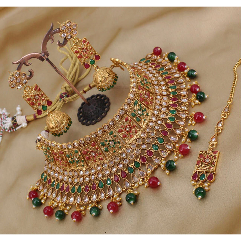 Pooja Bangles Gold Plated Crystal Stone & Beads Choker Necklace Set
