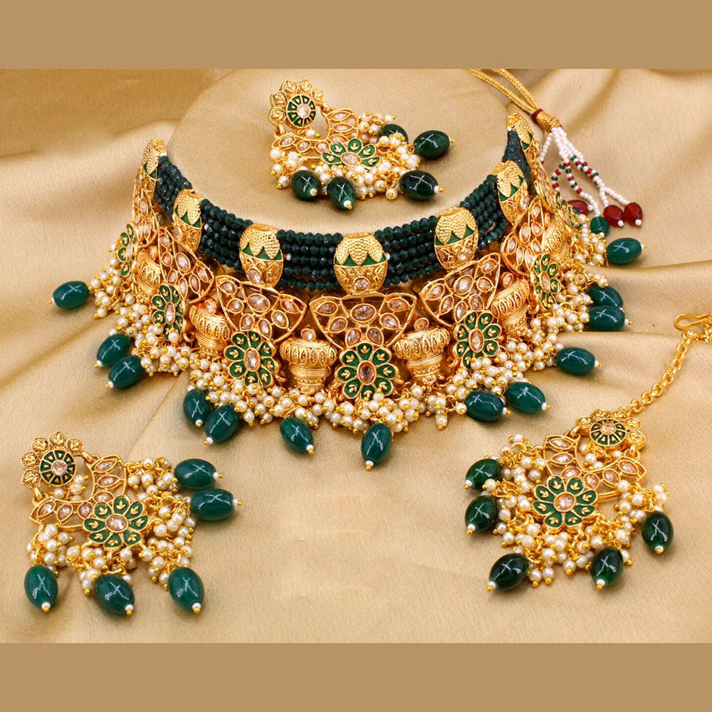 Pooja Bangles Gold Plated Crystal Stone & Beads & Meenakari Choker Necklace Set