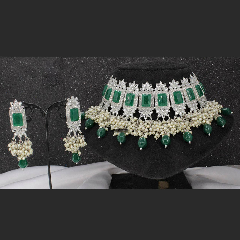 Pooja Bangles Silver Plated Kundan & Crystal Stone & Beads Necklace Set