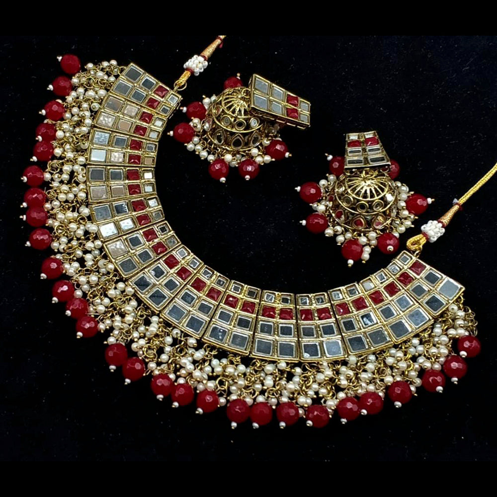 Pooja Bangles Gold Plated Kundan Stone & Beads & Mirror Necklace Set