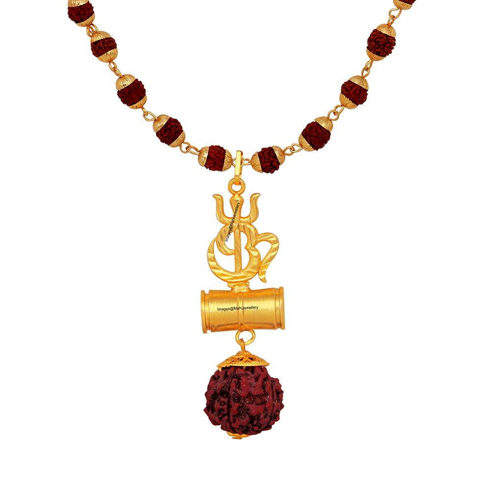 Mahi OM Trishul and Shiva Damru Religious Pendant with 24 Inch Rudraksh Mala for Men and Women (PS1101706G)