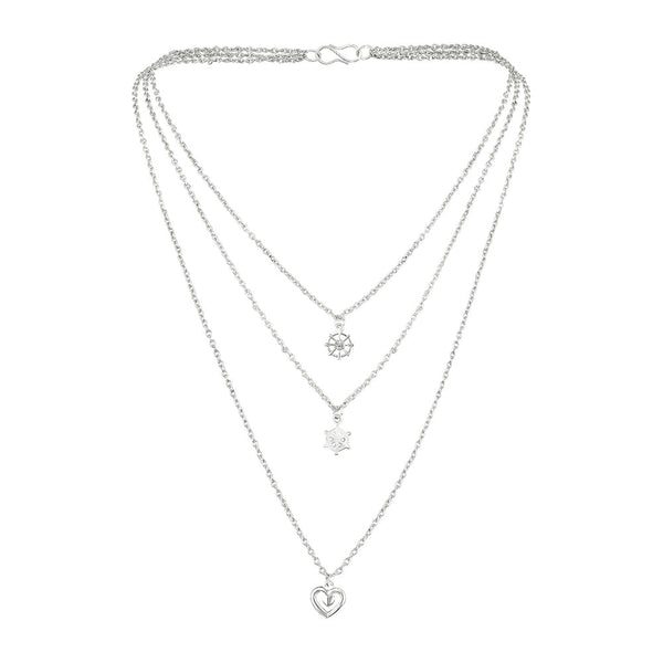 Mahi Dual Heart and Wheel Charms Multi Strand Chain Pendants Layered Necklace for Women (PS1101775R)