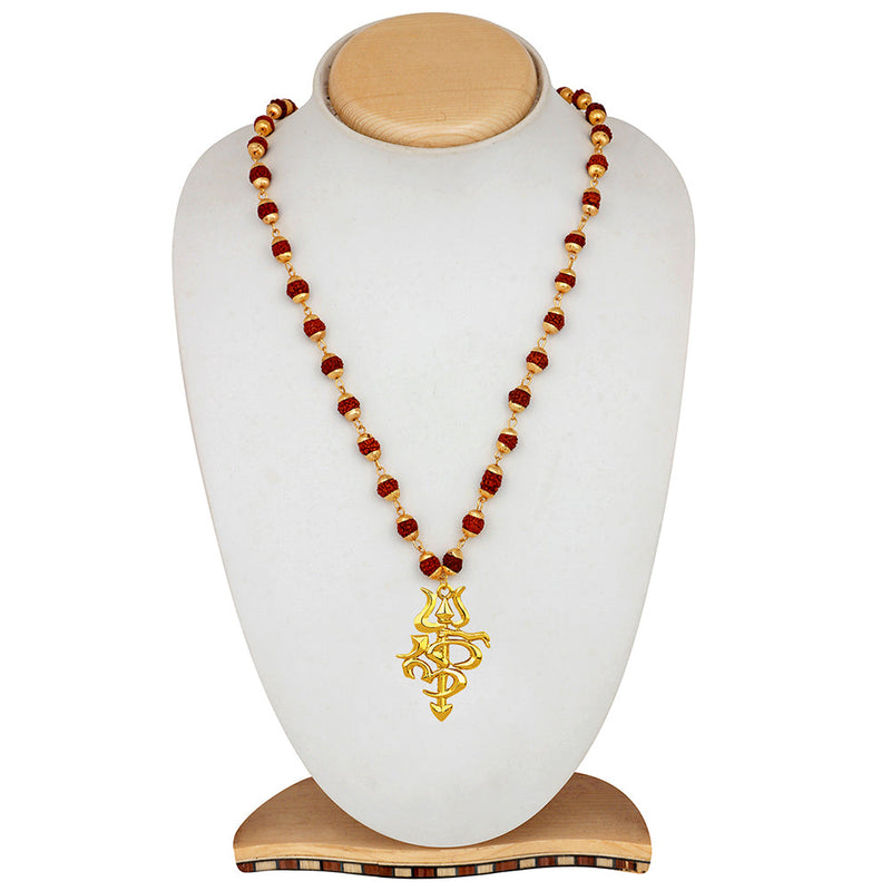 Mahi Gold Plated Religious OM and Trishul Pendant with Rudraksha Mala for Men (PS1101780G)