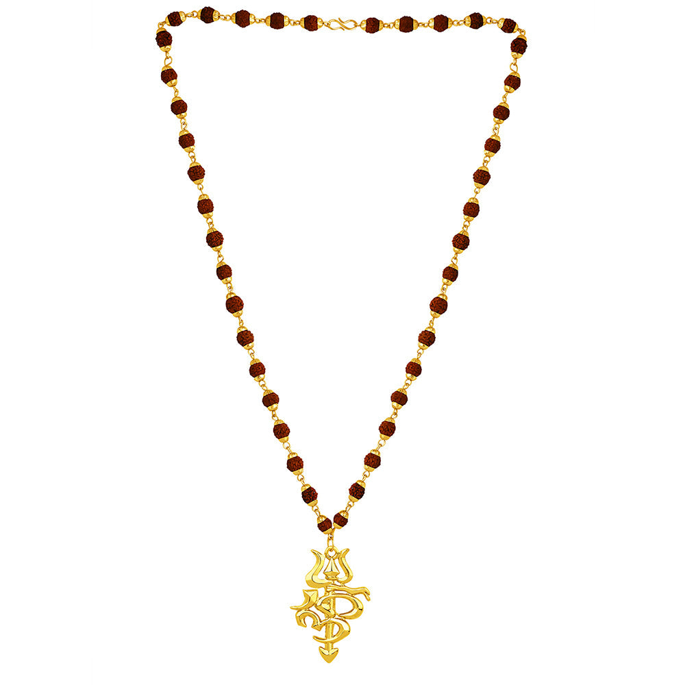 Mahi Gold Plated Religious OM and Trishul Pendant with Rudraksha Mala for Men (PS1101780G)