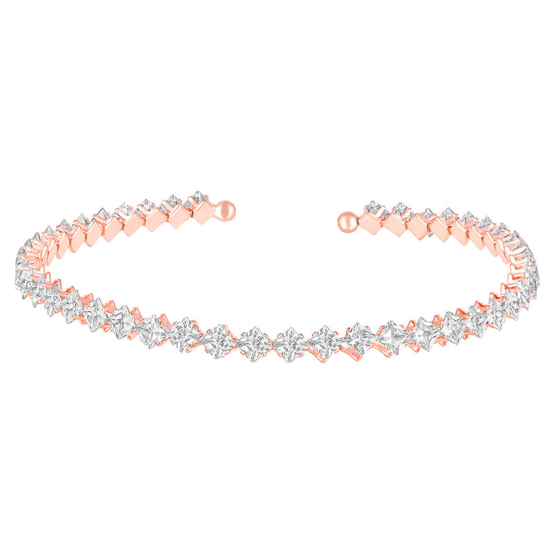 Mahi Rose Gold Plated Classic Princess Cut White Cubic Zirconia Studed Adjustable Kada Choker Necklace for Women (PS1101849ZWhi)