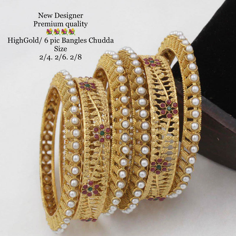 Pooja Bangles Gold Plated Pota Stone & Pearl Bangles Set