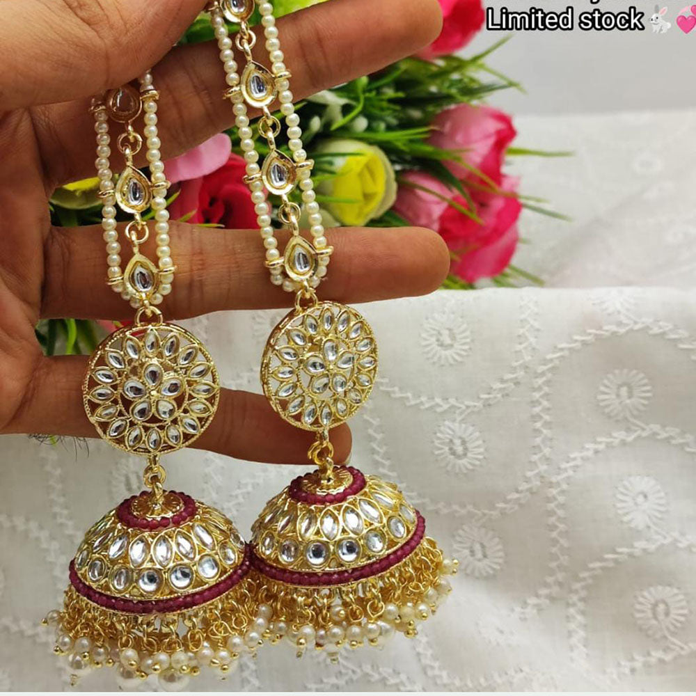 Pooja Bangles Gold Plated Kundan & Beads Jhumka Earrings With Kan Chain