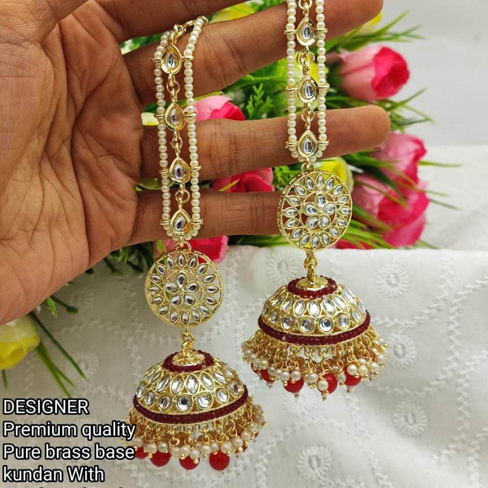 Pooja Bangles Gold Plated Kundan & Beads Jhumka Earrings With Kan Chain