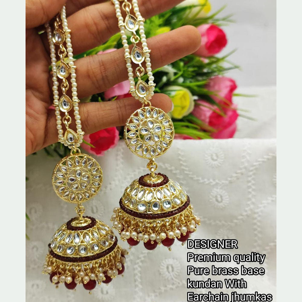 Pooja Bangles Gold Plated Kundan & Beads Jhumka Earrings With Kan Chain