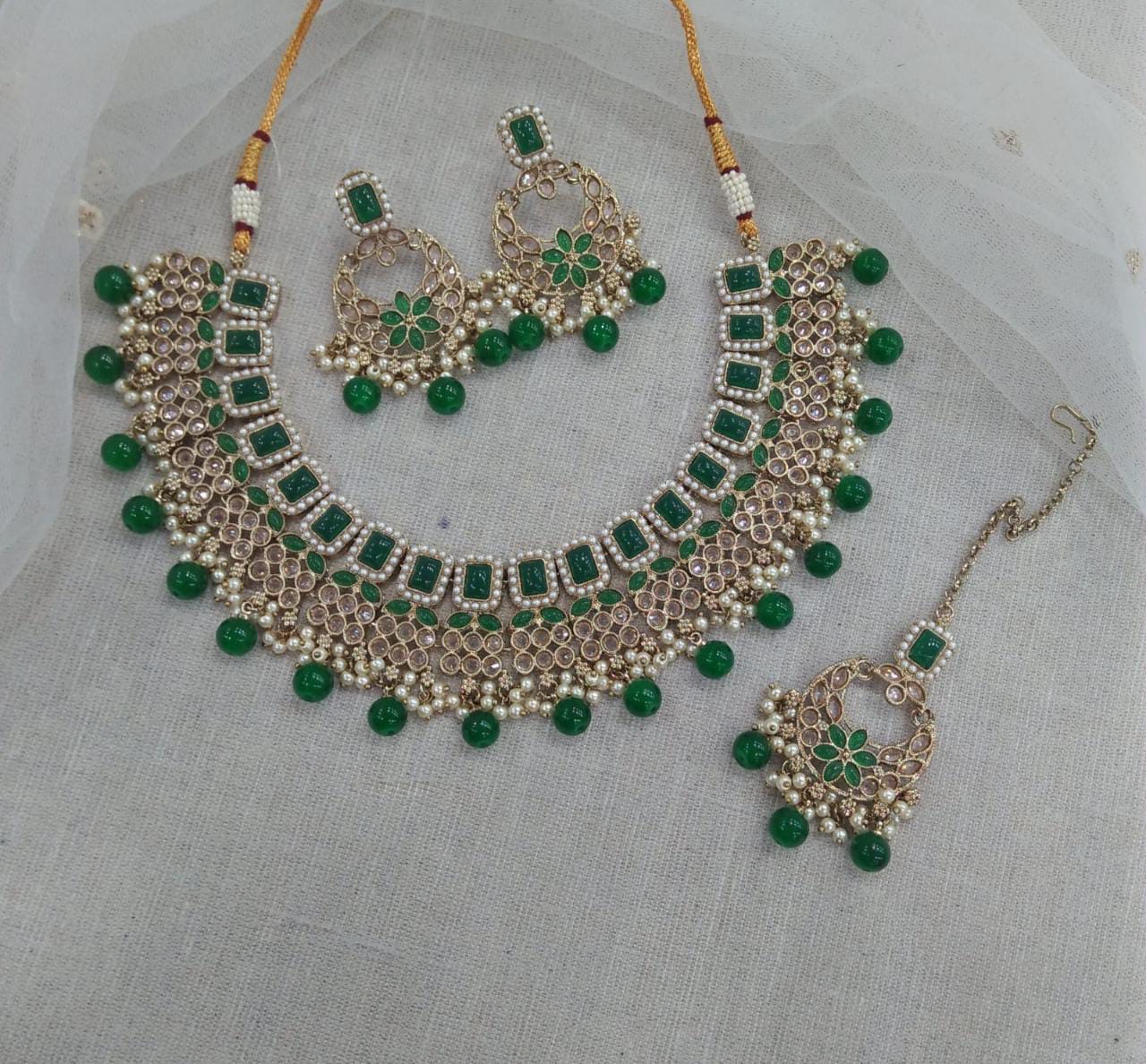 Pooja Bangles Gold Plated Austrian Stone Beads Necklace Set With Maangtikka