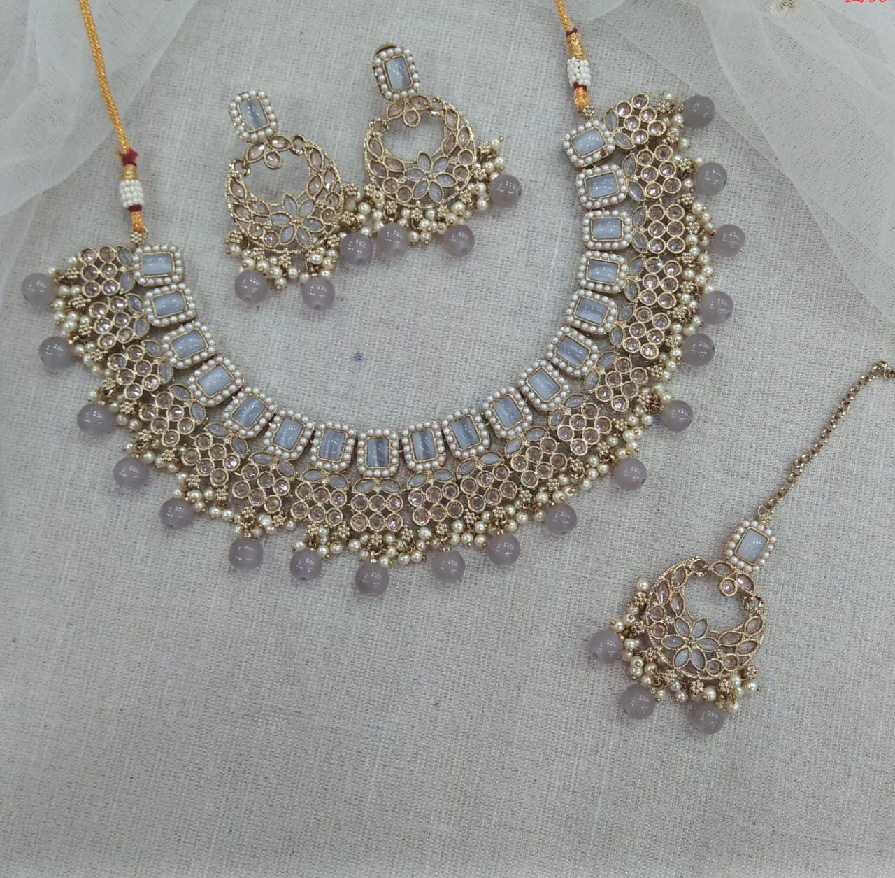 Pooja Bangles Gold Plated Austrian Stone Beads Necklace Set With Maangtikka
