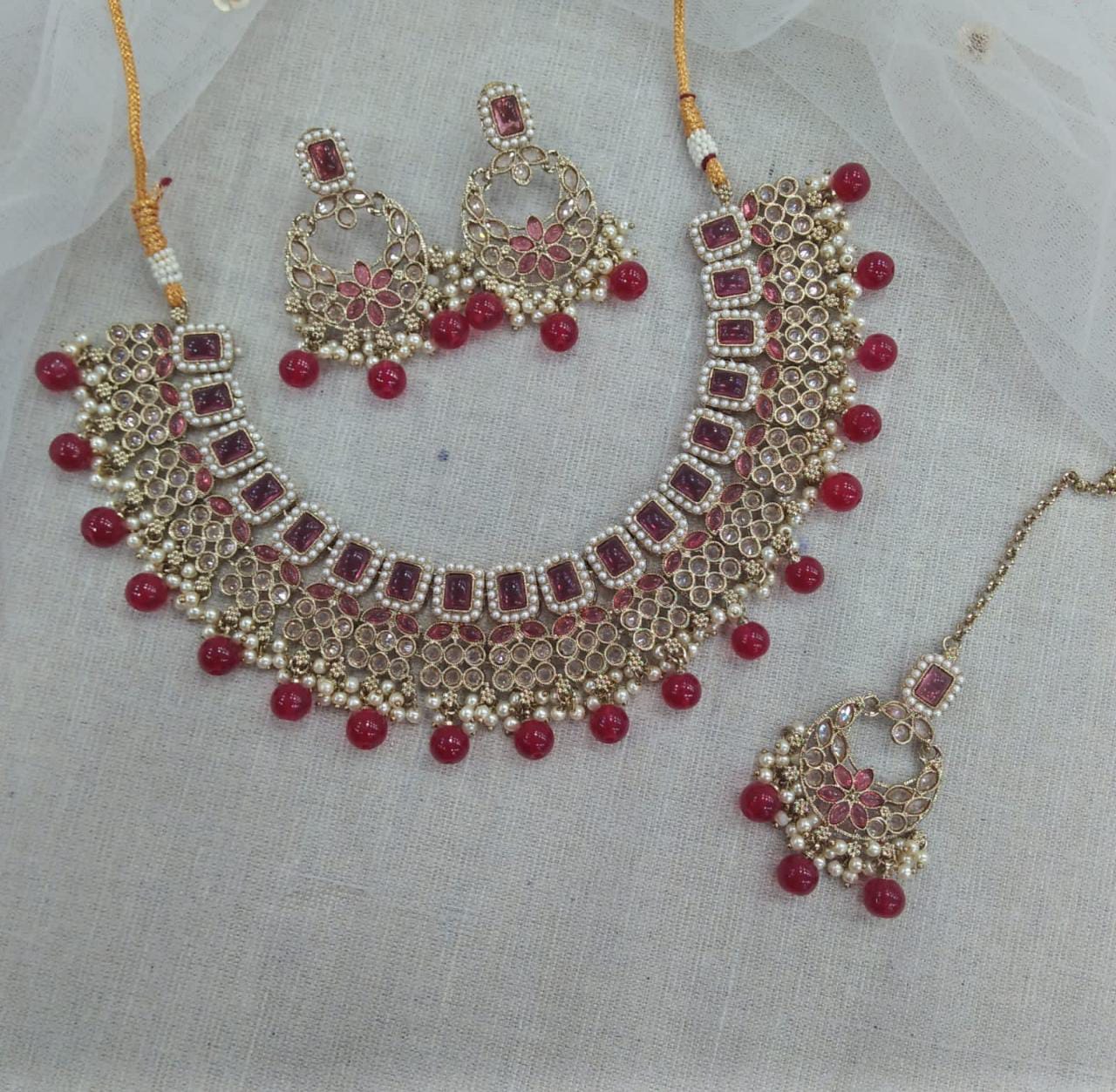 Pooja Bangles Gold Plated Austrian Stone Beads Necklace Set With Maangtikka