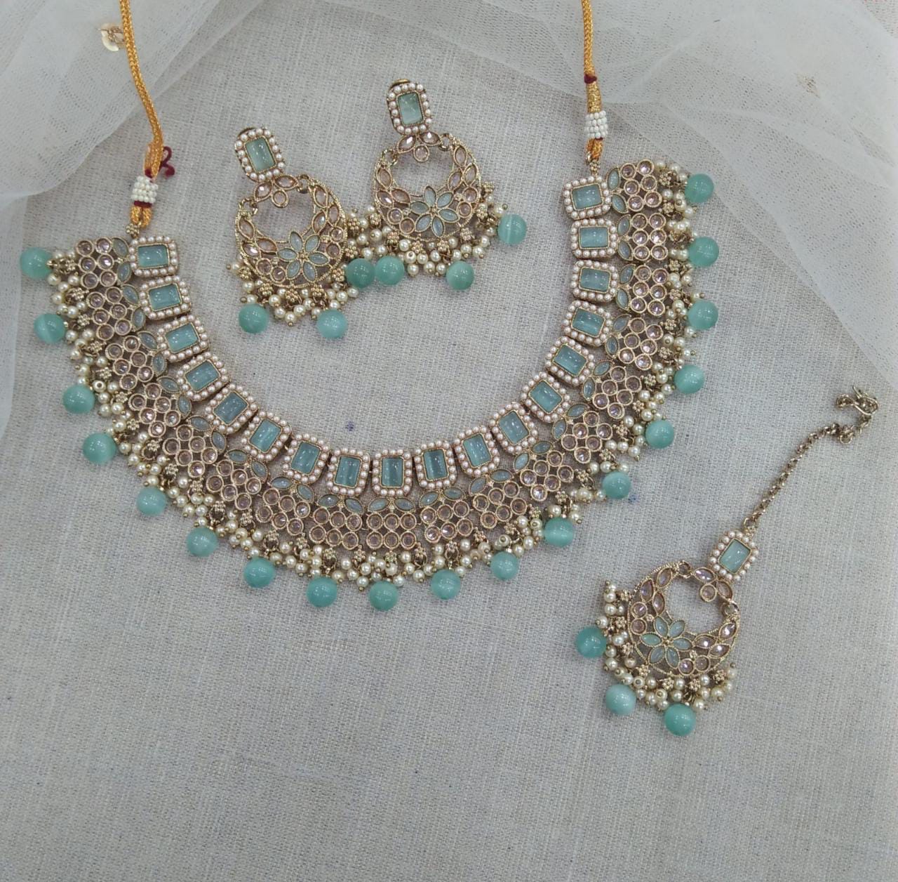 Pooja Bangles Gold Plated Austrian Stone Beads Necklace Set With Maangtikka