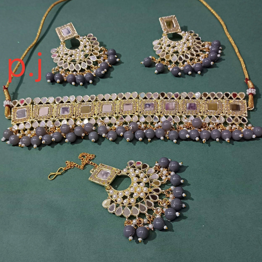 Pooja Bangles Gold Plated Mirror & Beads Choker Necklace Set With Maangtikka