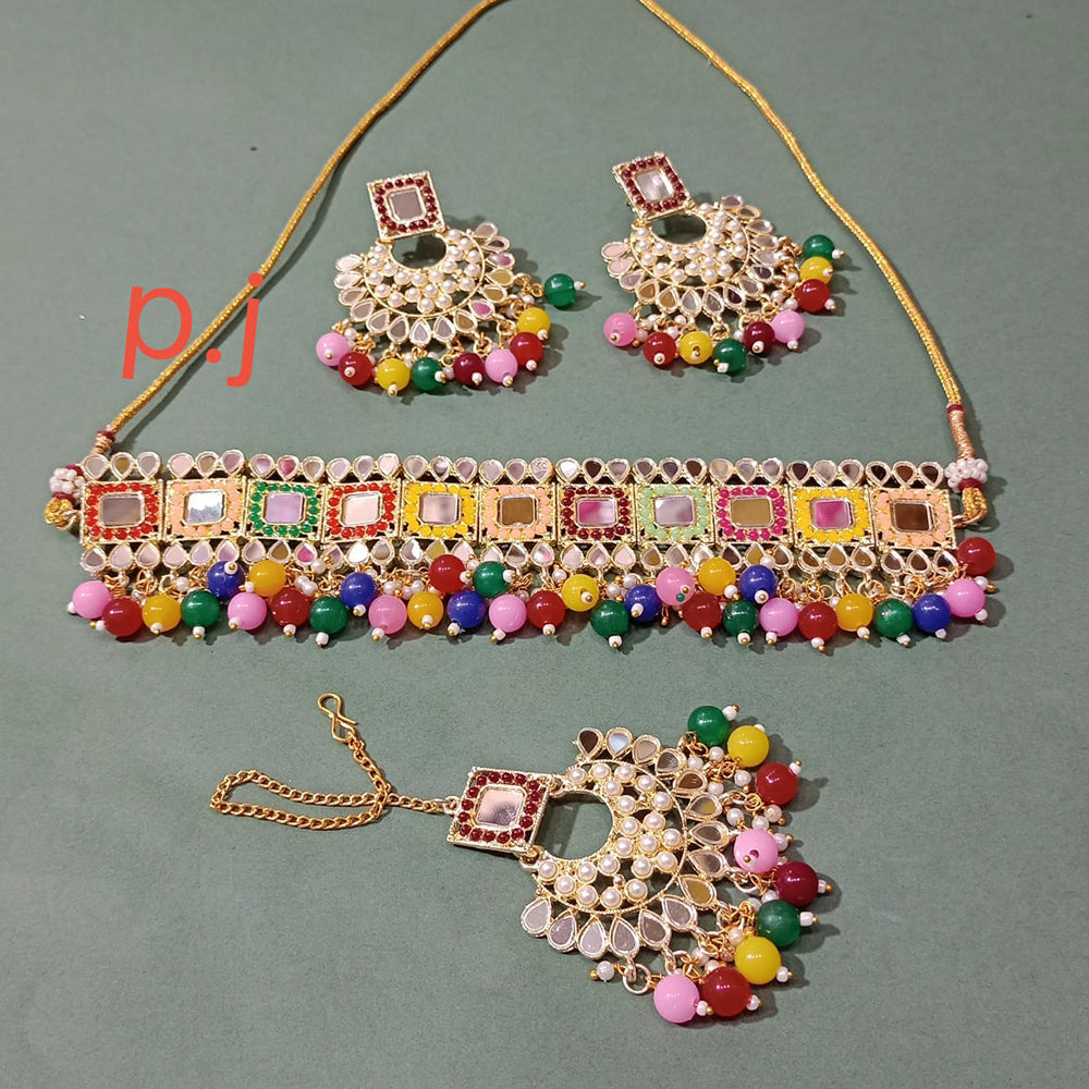 Pooja Bangles Gold Plated Mirror & Beads Choker Necklace Set With Maangtikka