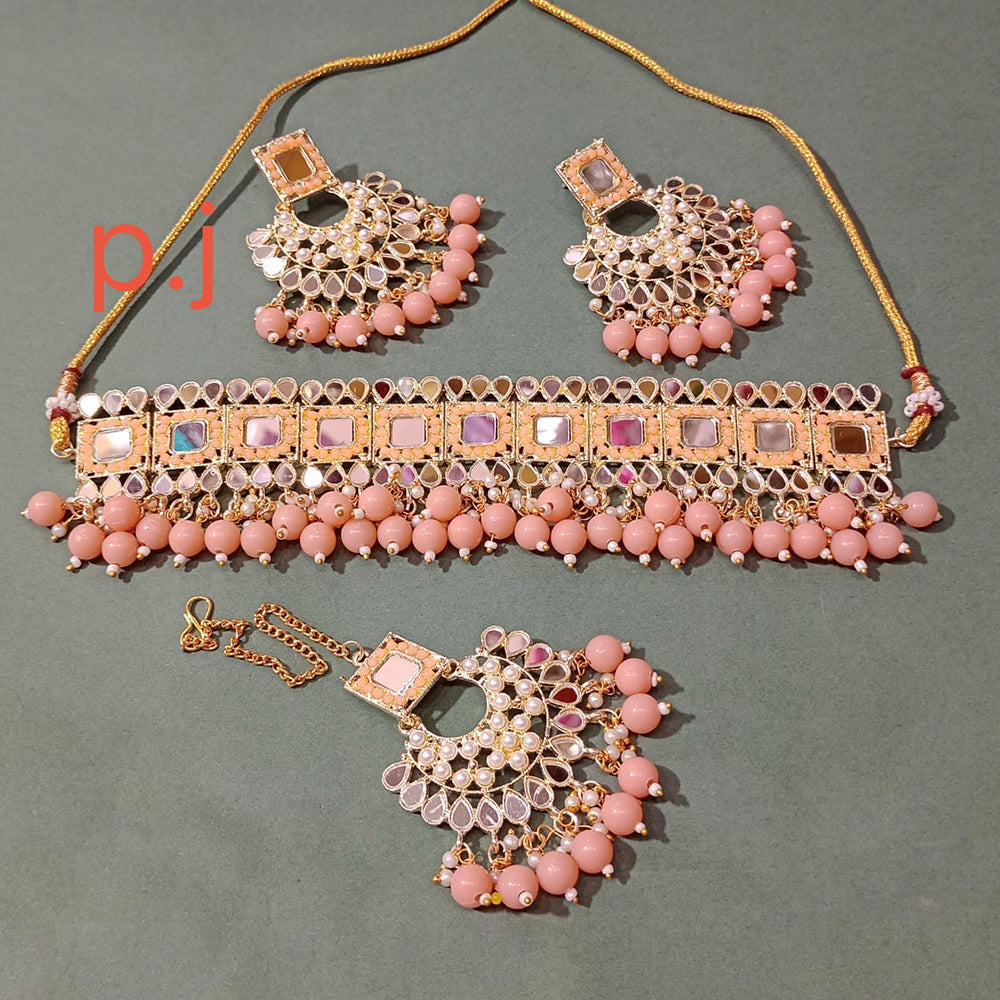 Pooja Bangles Gold Plated Mirror & Beads Choker Necklace Set With Maangtikka