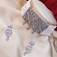 Pooja Bangles Silver Plated American Diamond Pearl Choker Necklace Set