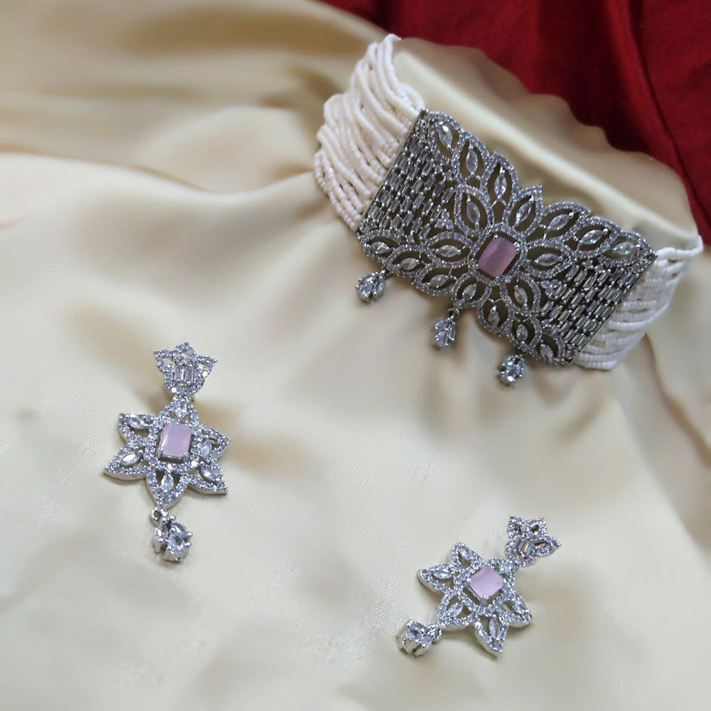 Pooja Bangles Silver Plated American Diamond Pearl Choker Necklace Set