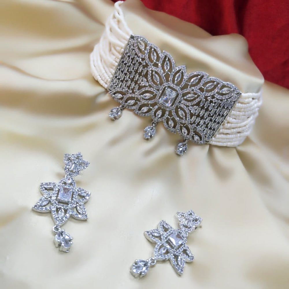 Pooja Bangles Silver Plated American Diamond Pearl Choker Necklace Set