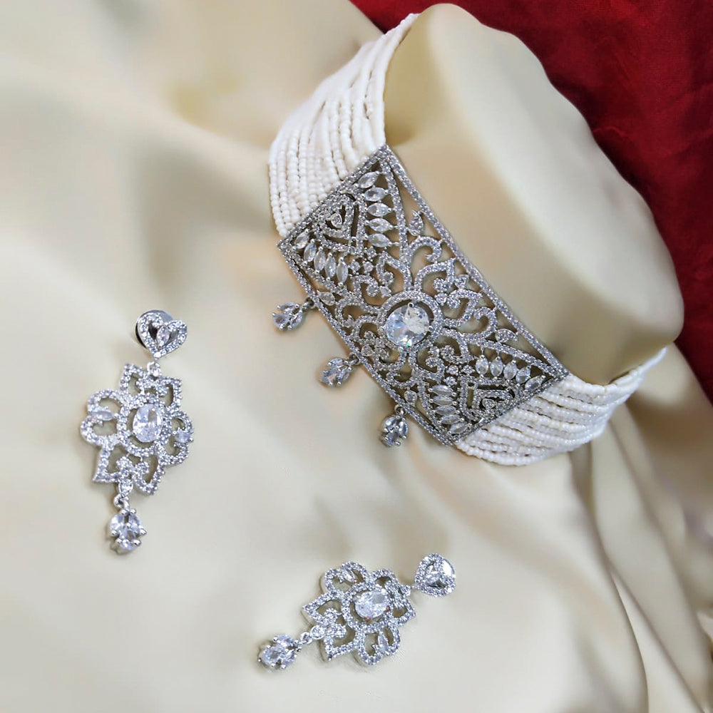 Pooja Bangles Silver Plated American Diamond Pearl Choker Necklace Set